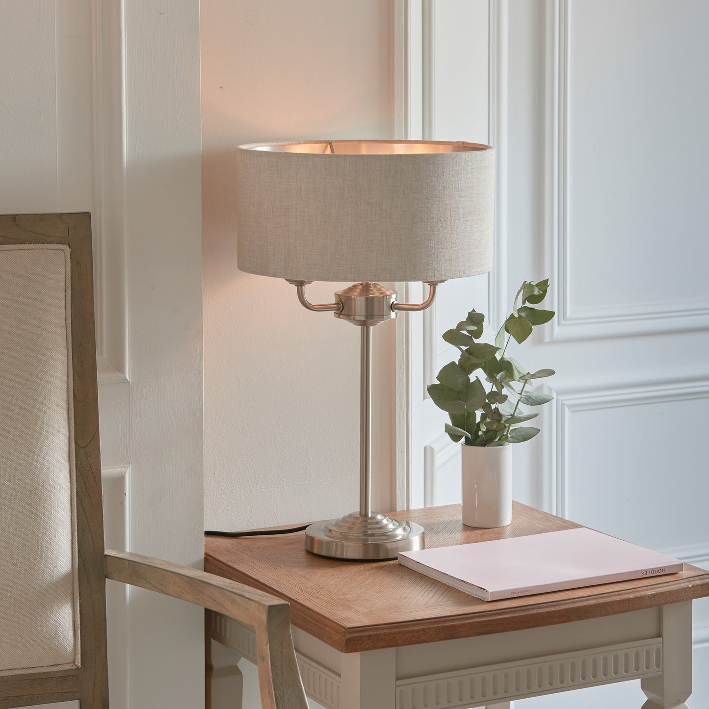 Highclere Table Light - Chrome & Natural Linen